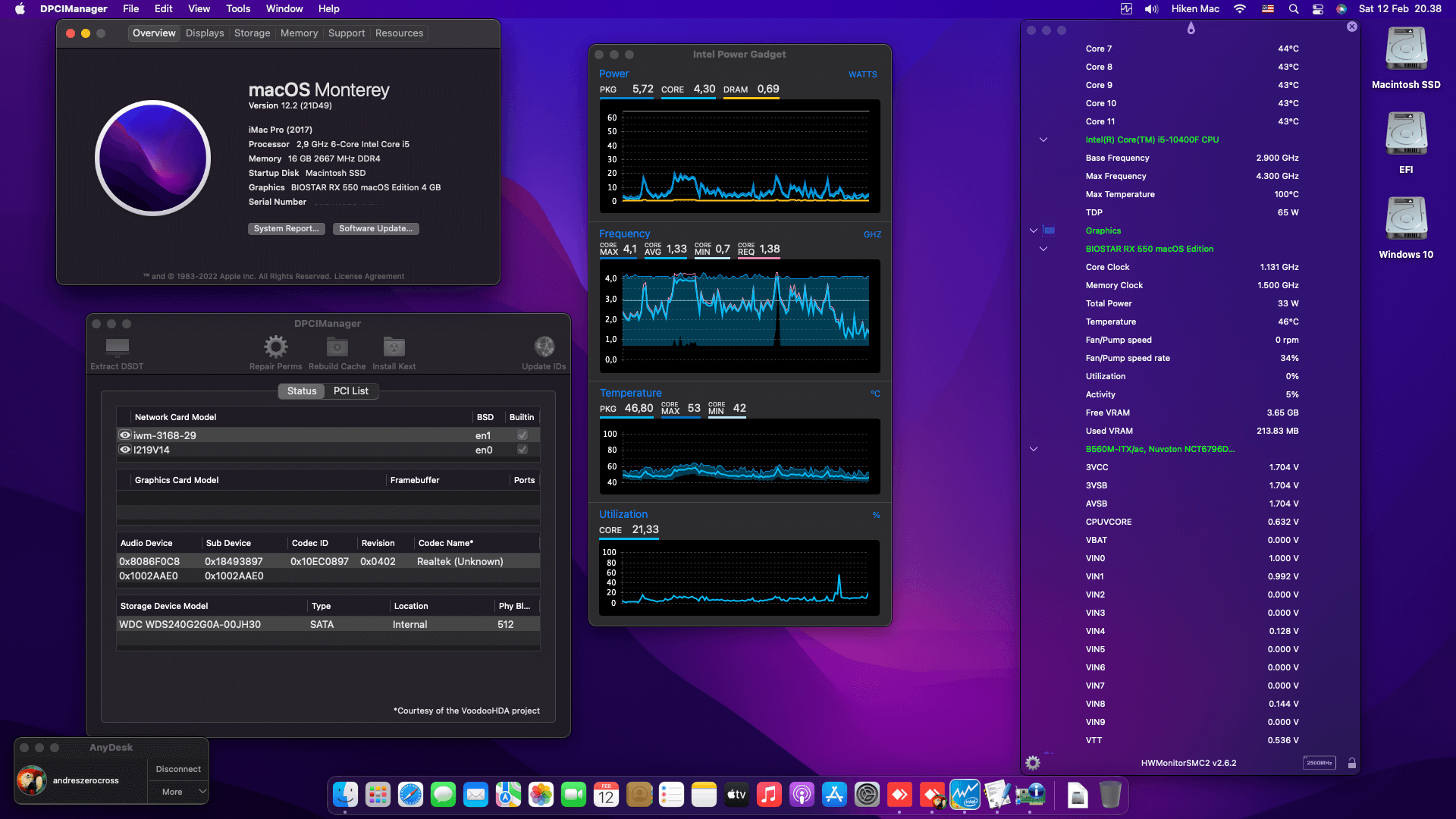 Success Hackintosh macOS Monterey 12.2 Build 21D49 in Asrock B560M-ITX/AC + Intel Core i5 10400F + Biostar RX 550